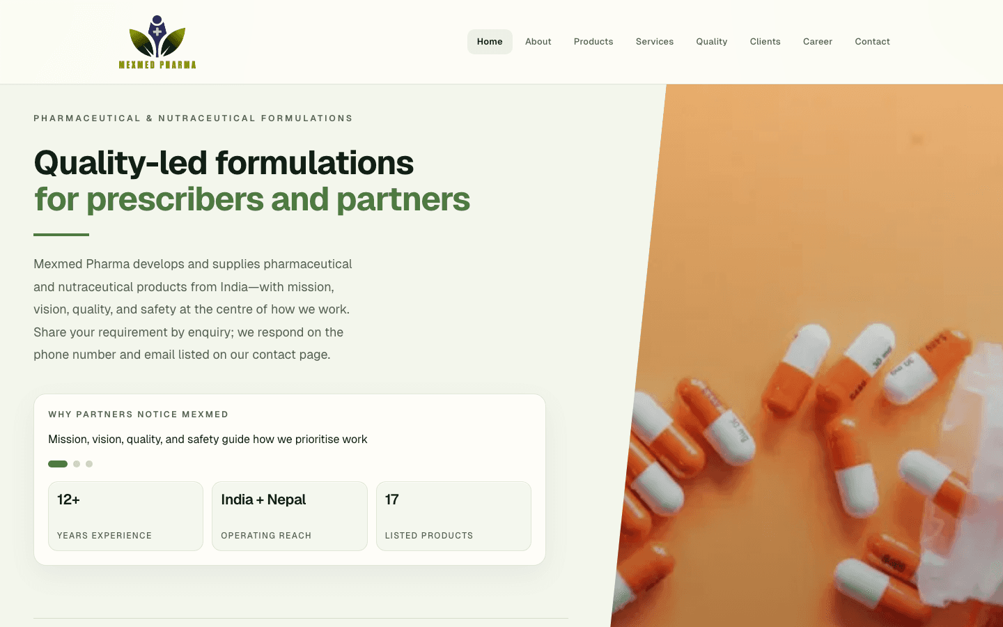 BeejDigital case study: Mexmed Pharma — B2B pharmaceutical website serving distributors across India and Nepal (mexmedpharma.com).